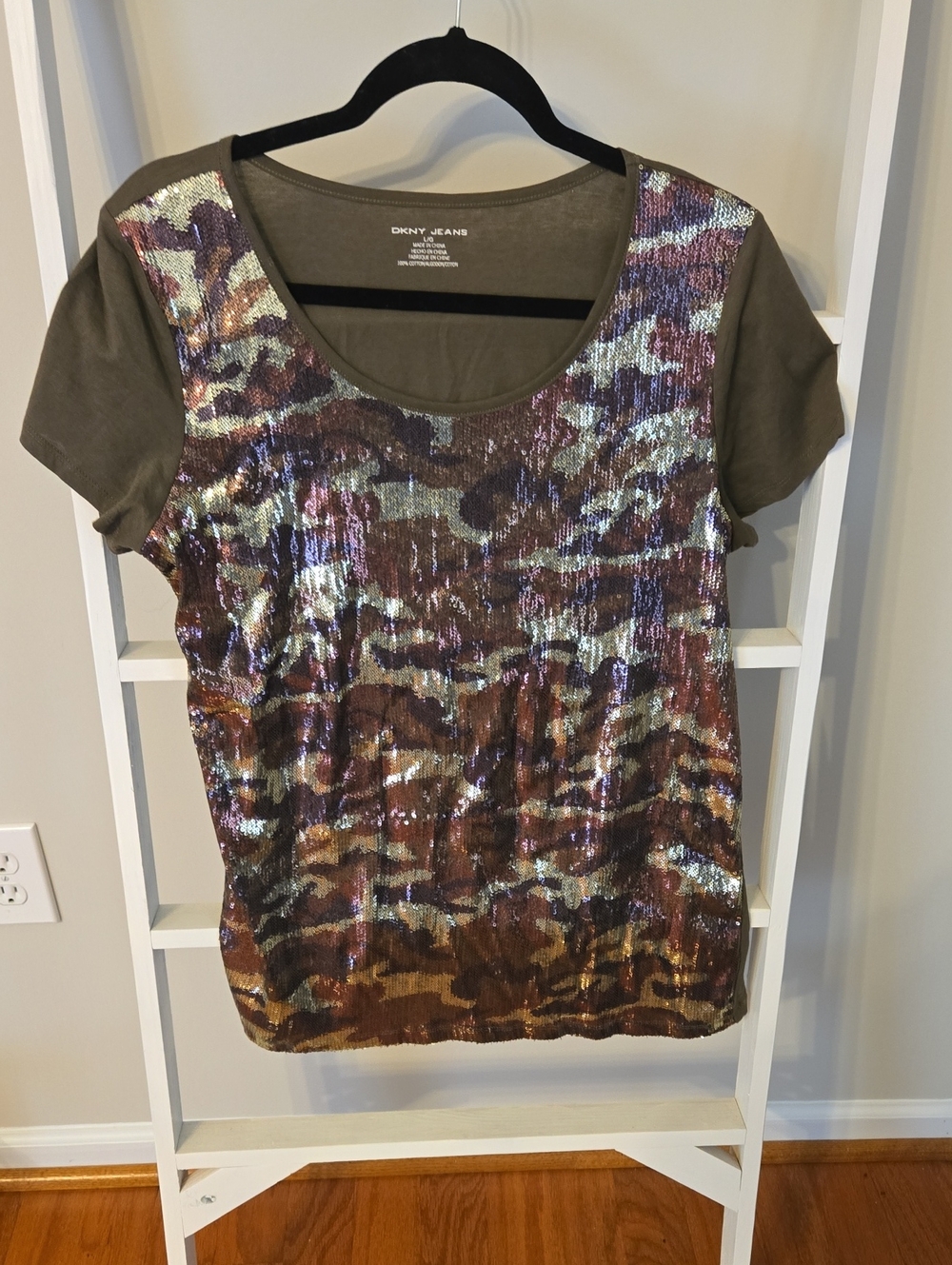 Dkny Olive Sequin Camo Short Sleeve Tee with Iridescent Accents